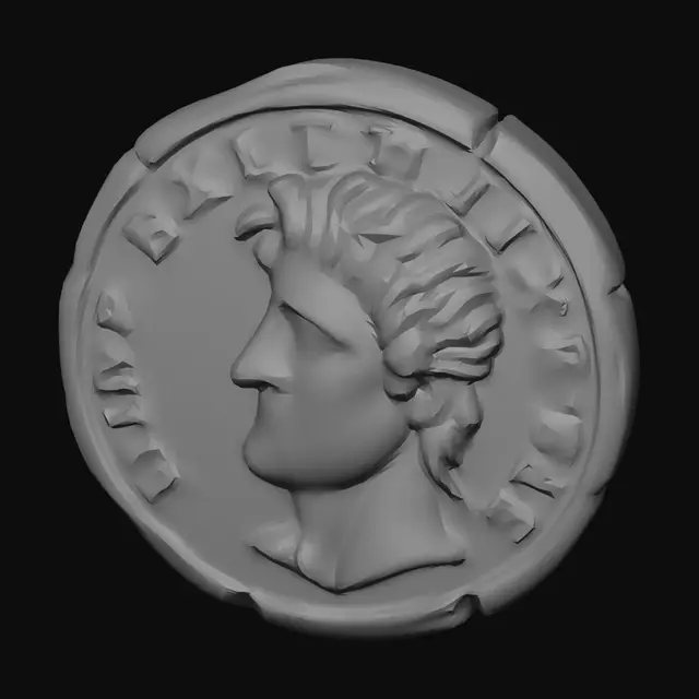 3D model for Ancient bronze coin standing on edge, the face shows a Roman emperor making a goofy derp expression, edges chipped, glossy patina, oversized for visibility, stylized toon relief.