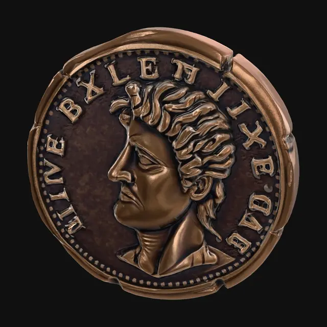 3D model for Ancient bronze coin standing on edge, the face shows a Roman emperor making a goofy derp expression, edges chipped, glossy patina, oversized for visibility, stylized toon relief.