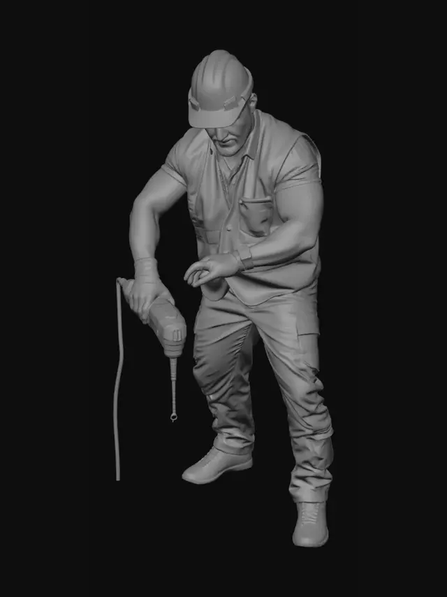 3D model for construction worker with hard hat drilling a hole with a drill in concrete