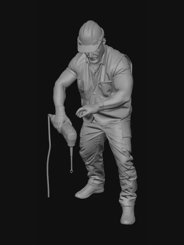 3D model for construction worker with hard hat drilling a hole with a drill in concrete