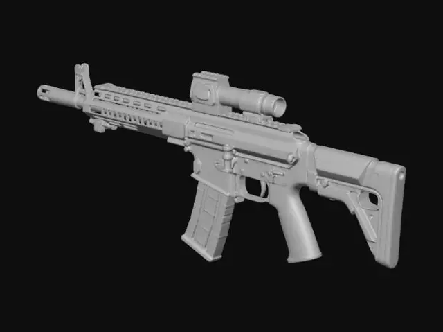 3D model for Futuristic but realistic bullpup rifle with central folding charging handle under raised top rail (G36 inspired). Charging handle slides in recessed channel below optic rail. Chambered in 6.8
or 5.56. Slim polymer body, modular handguard, suppressor-ready barrel, adjustable gas block. Ergonomic grip, ambidextrous fire selector, translucent magazine. Military grey/black finish, hard-surface, PBR textures, high detail screws and seams, game-ready firearm asset, photorealistic studio render.