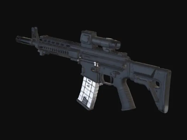 3D model for Futuristic but realistic bullpup rifle with central folding charging handle under raised top rail (G36 inspired). Charging handle slides in recessed channel below optic rail. Chambered in 6.8
or 5.56. Slim polymer body, modular handguard, suppressor-ready barrel, adjustable gas block. Ergonomic grip, ambidextrous fire selector, translucent magazine. Military grey/black finish, hard-surface, PBR textures, high detail screws and seams, game-ready firearm asset, photorealistic studio render.