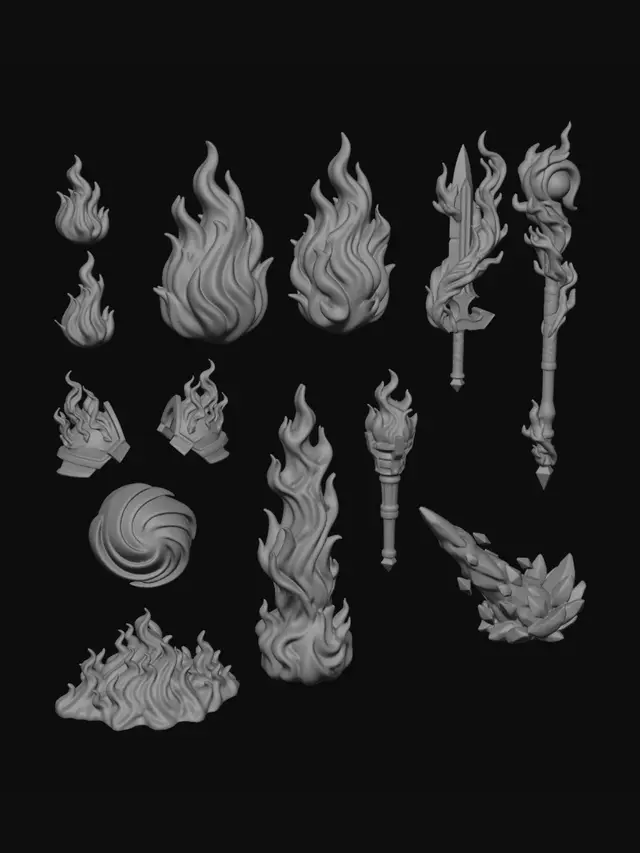3D model for Set of 12 fantasy miniature flame effects, separate 3D printable accessories for 32mm miniatures. Small flames, large flames, weapon flames, shoulder flames, ground fire, magical fireballs, infernal fire pillars, torch flames, dragon breath fragments. Thick volumes, exaggerated shapes, strong readable details, easy resin printing, no fragile tips, no floating particles, sculpt-ready, neutral background, 8K, studio, neutral.