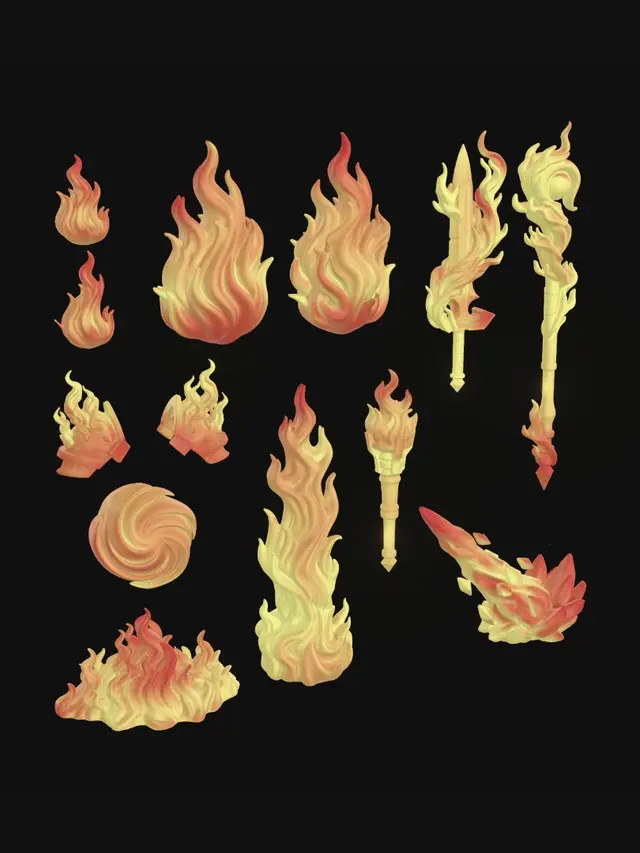 3D model for Set of 12 fantasy miniature flame effects, separate 3D printable accessories for 32mm miniatures. Small flames, large flames, weapon flames, shoulder flames, ground fire, magical fireballs, infernal fire pillars, torch flames, dragon breath fragments. Thick volumes, exaggerated shapes, strong readable details, easy resin printing, no fragile tips, no floating particles, sculpt-ready, neutral background, 8K, studio, neutral.