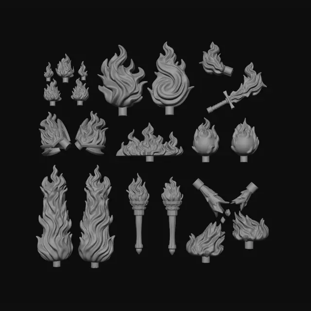 3D model for Set of 12 fantasy miniature flame effects, separate 3D printable accessories for 32mm miniatures. Small flames, large flames, weapon flames, shoulder flames, ground fire, magical fireballs, infernal fire pillars, torch flames, dragon breath fragments. Thick volumes, exaggerated shapes, strong readable details, easy resin printing, no fragile tips, no floating particles, sculpt-ready, neutral background, 8K.
Strongly enhance volumes, depth, edges, material separation and silhouette readability. Use highly contrasting colors to clearly distinguish every part.
Studio render, neutral.