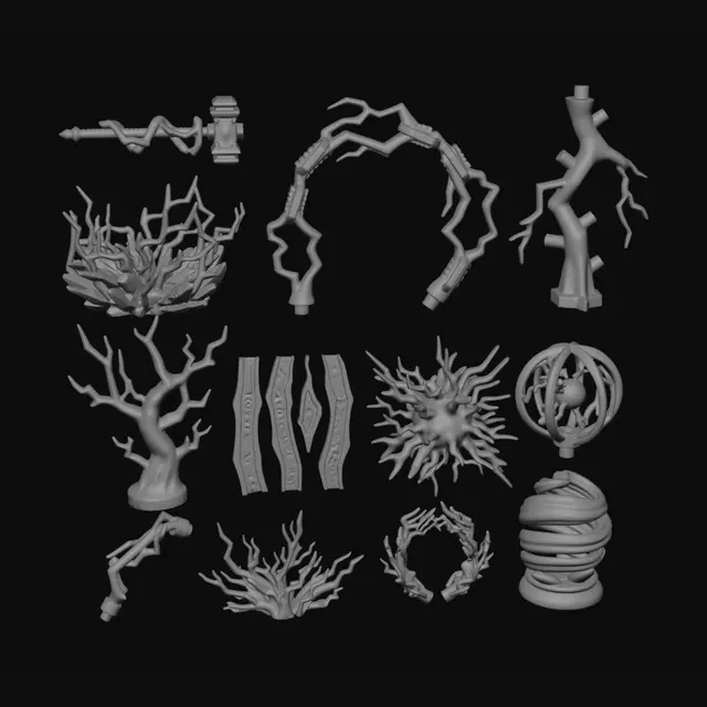 3D model for Set of 12 fantasy lightning effects, separate 3D printable accessories for 32mm miniatures. Lightning bolts, chain lightning arcs, weapon enchantments, magical shockwaves, electric spheres, thunder impacts, rune-powered electricity. Thick branching shapes, reinforced connections, printable geometry, no thin wires, no floating fragments, clear silhouettes, studio render, 8K, studio, neutral.