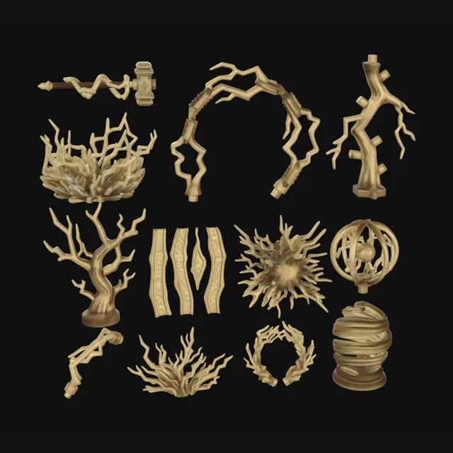 3D model for Set of 12 fantasy lightning effects, separate 3D printable accessories for 32mm miniatures. Lightning bolts, chain lightning arcs, weapon enchantments, magical shockwaves, electric spheres, thunder impacts, rune-powered electricity. Thick branching shapes, reinforced connections, printable geometry, no thin wires, no floating fragments, clear silhouettes, studio render, 8K, studio, neutral.