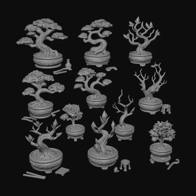 3D model for Collection of fantasy potted plants and potted trees designed as separate 3D printable.
Collection of fantasy bonsai trees in decorative pots. Ancient bonsai, twisted bonsai, elven bonsai, flowering bonsai, dead bonsai, magical bonsai and miniature fruit bonsai. Thick branches, exaggerated bark texture, strong silhouettes, easy resin printing, separate printable accessories, 8K.