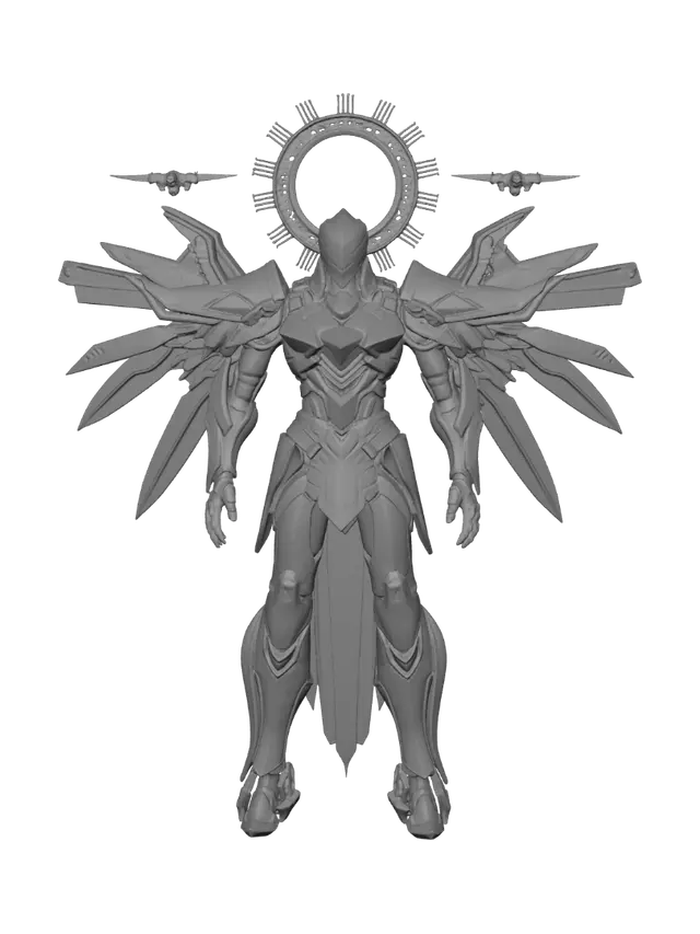 3D model for Create a single full-body divine fantasy mech warrior with clearly separated parts and readable material zones. One coherent central mech knight, but designed with distinct segmented armor plates, exposed mechanical joints, a separate halo-like back apparatus, black wing frames, glowing energy wing panels, and floating sacred drone fragments orbiting near the shoulders and back. The model must remain one unified being, not random objects, but every major region should be visually distinct and easy to texture separately: main armor, inner machinery, trim, eyes, chest core, halo, wing frames, wing energy panels, and floating blades. Clean silhouette, symmetrical, majestic, ancient machine deity, boss-like, highly detailed.