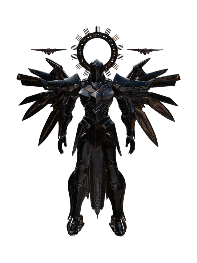 3D model for Create a single full-body divine fantasy mech warrior with clearly separated parts and readable material zones. One coherent central mech knight, but designed with distinct segmented armor plates, exposed mechanical joints, a separate halo-like back apparatus, black wing frames, glowing energy wing panels, and floating sacred drone fragments orbiting near the shoulders and back. The model must remain one unified being, not random objects, but every major region should be visually distinct and easy to texture separately: main armor, inner machinery, trim, eyes, chest core, halo, wing frames, wing energy panels, and floating blades. Clean silhouette, symmetrical, majestic, ancient machine deity, boss-like, highly detailed.