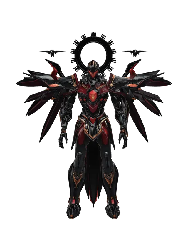 3D model for Create a single full-body divine fantasy mech warrior with clearly separated parts and readable material zones. One coherent central mech knight, but designed with distinct segmented armor plates, exposed mechanical joints, a separate halo-like back apparatus, black wing frames, glowing energy wing panels, and floating sacred drone fragments orbiting near the shoulders and back. The model must remain one unified being, not random objects, but every major region should be visually distinct and easy to texture separately: main armor, inner machinery, trim, eyes, chest core, halo, wing frames, wing energy panels, and floating blades. Clean silhouette, symmetrical, majestic, ancient machine deity, boss-like, highly detailed.