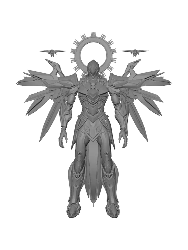 3D model for Create a single full-body divine fantasy mech warrior with clearly separated parts and readable material zones. One coherent central mech knight, but designed with distinct segmented armor plates, exposed mechanical joints, a separate halo-like back apparatus, black wing frames, glowing energy wing panels, and floating sacred drone fragments orbiting near the shoulders and back. The model must remain one unified being, not random objects, but every major region should be visually distinct and easy to texture separately: main armor, inner machinery, trim, eyes, chest core, halo, wing frames, wing energy panels, and floating blades. Clean silhouette, symmetrical, majestic, ancient machine deity, boss-like, highly detailed.