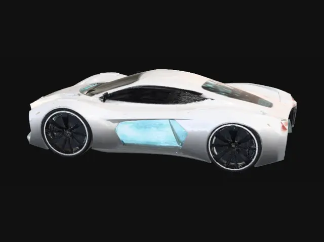 3D model for Futuristic aerodynamic concept car, sleek flowing body, ultra-low drag design, enclosed wheels, active aero fins, carbon fiber and titanium materials, panoramic glass canopy, glowing LED light strips, matrix headlights, futuristic taillights, illuminated accents.

Detailed interior with 2 ergonomic sport seats, ambient RGB lighting, holographic dashboard, transparent digital displays, steering yoke, floating center console, minimalist luxury cabin.

Highly detailed 3D model, realistic PBR materials, sharp panel lines, performance tires, aerodynamic air channels, active rear diffuser, AAA game asset, photorealistic, sci-fi electric hypercar from 2150.