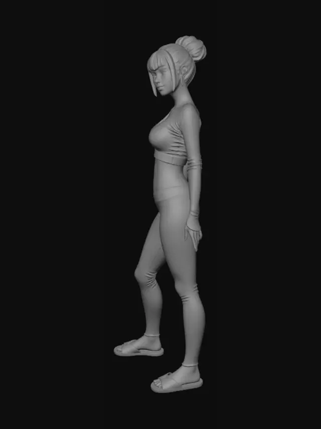 3D model for Una japonesa medio rellenita pero también un poquito flaca con pantalones ajustados negros con chalas sin calcetines blanca y con polera blanca qué se vea el abdomen, con zenos medianamente grandes (la polera es manga larga) y pelo azul claro cabe aclarar que es joven no vieja, con el pelo recogido en pelota  pero con flequillo a y que tenga textura todo el modelo, también la polera manga larga tiene que ser muy ajustada no tan rellena y que se vea un poco el abdomen
