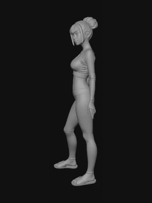 3D model for Una japonesa medio rellenita pero también un poquito flaca con pantalones ajustados negros con chalas sin calcetines blanca y con polera blanca qué se vea el abdomen, con zenos medianamente grandes (la polera es manga larga) y pelo azul claro cabe aclarar que es joven no vieja, con el pelo recogido en pelota  pero con flequillo a y que tenga textura todo el modelo, también la polera manga larga tiene que ser muy ajustada no tan rellena y que se vea un poco el abdomen