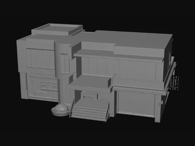 3D model for Create an ultra-detailed modern luxury Roblox-style house as a complete 3D model. The build should look like a premium Roblox roleplay mansion with realistic proportions, clean geometry, optimized topology, and high-quality materials. The house must feel expensive, modern, and professionally designed while maintaining the recognizable Roblox aesthetic.

The house contains 3 bedrooms, 1 modern kitchen, 1 luxury bathroom, 1 large living hall, and 1 guest room. Every room must be fully furnished and decorated with no empty spaces.

Exterior design should feature modern architecture with a combination of white concrete, black metal, natural wood accents, and large floor-to-ceiling glass windows. Include a modern front entrance with wide stairs, a detailed driveway, garage, balcony with gla
