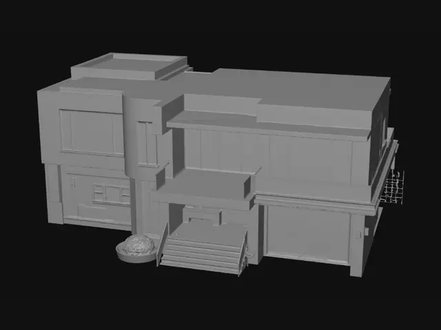 3D model for Create an ultra-detailed modern luxury Roblox-style house as a complete 3D model. The build should look like a premium Roblox roleplay mansion with realistic proportions, clean geometry, optimized topology, and high-quality materials. The house must feel expensive, modern, and professionally designed while maintaining the recognizable Roblox aesthetic.

The house contains 3 bedrooms, 1 modern kitchen, 1 luxury bathroom, 1 large living hall, and 1 guest room. Every room must be fully furnished and decorated with no empty spaces.

Exterior design should feature modern architecture with a combination of white concrete, black metal, natural wood accents, and large floor-to-ceiling glass windows. Include a modern front entrance with wide stairs, a detailed driveway, garage, balcony with gla