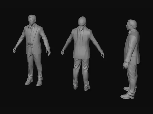 3D model for Suited Executive: Front, Side, and Back Views