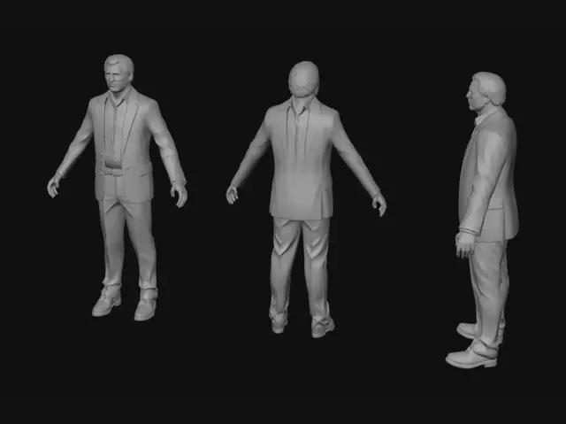 3D model for Suited Executive: Front, Side, and Back Views