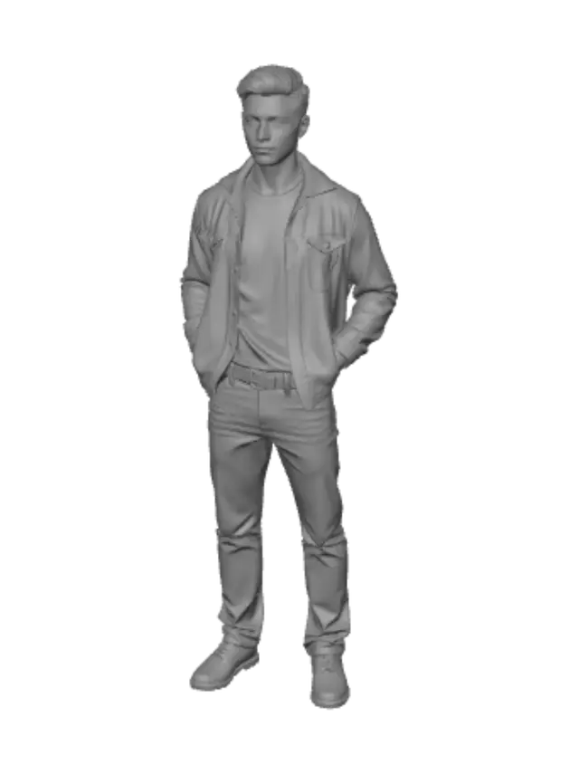 3D model for # Realistic Young Male Character (Meshy AI Prompt)

Create a highly detailed, original realistic 3D young adult male character. The character is approximately 22 years old, 178 cm tall, with an athletic but natural physique. He has medium brown skin, short textured black hair, dark brown eyes, thick natural eyebrows, and a clean-shaven face with subtle skin pores and realistic facial features.

He wears a plain dark navy T-shirt, a lightweight olive-green jacket, dark blue jeans, a simple brown leather belt, and clean white sneakers. No logos, no brand names, no text, and no copyrighted designs.

The character has a relaxed and confident expression, standing in a full-body T-pose for easy rigging. Include realistic anatomy, accurate hand and finger proportions, detailed ears, fingernails,