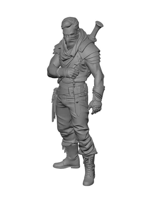 3D model for a fantasy bandit with a black bandana over his mouth, scrappy leather armor, and some scars. A good enemy for a video game rpg