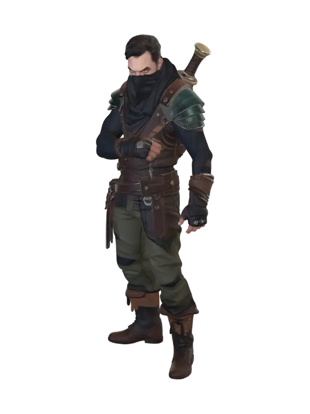 3D model for a fantasy bandit with a black bandana over his mouth, scrappy leather armor, and some scars. A good enemy for a video game rpg