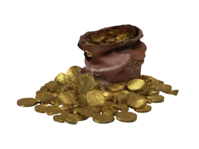 A leather bag full of gold coins. The gold coins have a skull carved on them. Some… - Wealth 3D model, vytvořený pomocí AI