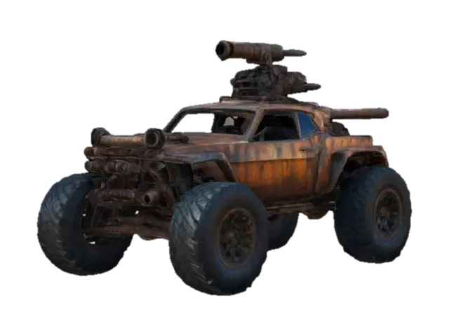 Imagine a Mad Max-style weaponized car. Oversized tires, rusty bodywork, heavy… 3D model, vytvořený pomocí AI