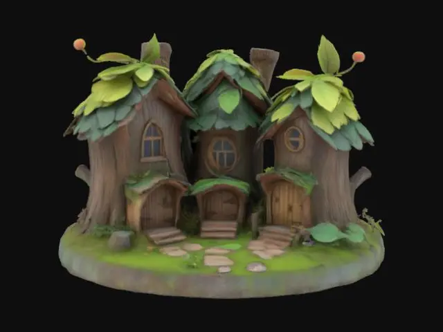 3D model for Imagine a #fairy# village. There are 3 little houses made of tree trunk. The rooftop is made of leaves. Diorama. High quality. Clean geometry. Defined texture. Daylight. Sharp edges. Fantasy. Ethereal. Whimsical. Magic Forest.