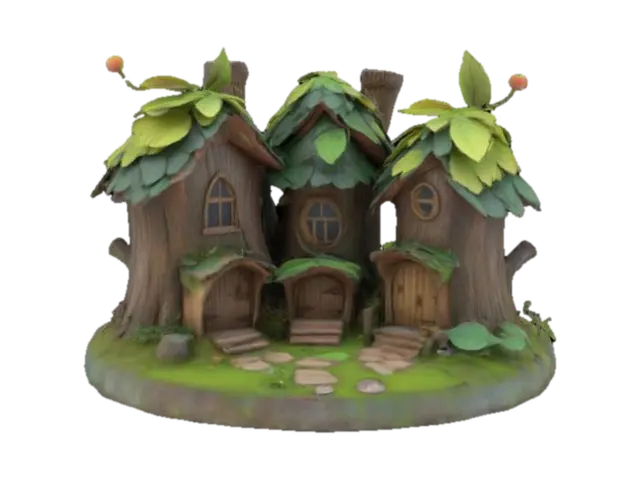 3D model for Imagine a #fairy# village. There are 3 little houses made of tree trunk. The rooftop is made of leaves. Diorama. High quality. Clean geometry. Defined texture. Daylight. Sharp edges. Fantasy. Ethereal. Whimsical. Magic Forest.