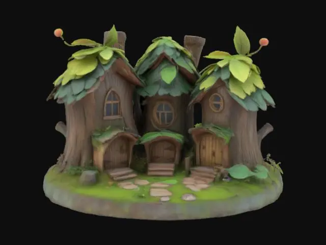 3D model for Imagine a #fairy# village. There are 3 little houses made of tree trunk. The rooftop is made of leaves. Diorama. High quality. Clean geometry. Defined texture. Daylight. Sharp edges. Fantasy. Ethereal. Whimsical. Magic Forest.