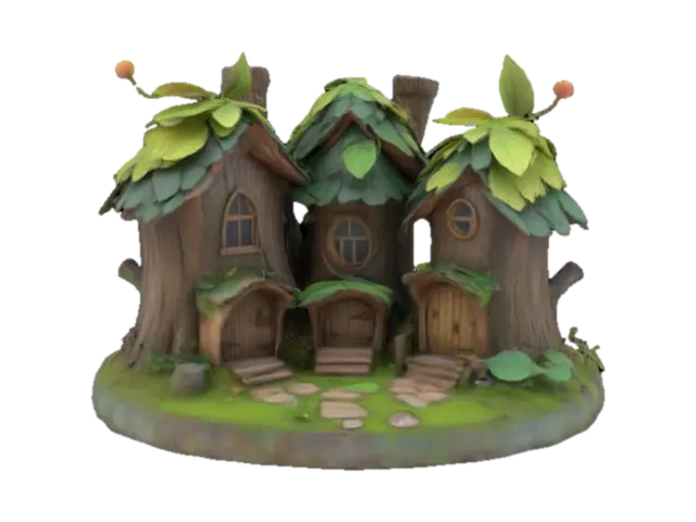 3D model for Imagine a #fairy# village. There are 3 little houses made of tree trunk. The rooftop is made of leaves. Diorama. High quality. Clean geometry. Defined texture. Daylight. Sharp edges. Fantasy. Ethereal. Whimsical. Magic Forest.