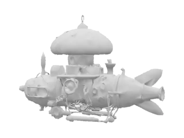 3D model for Create a steampunk-inspired airship with a fantasy twist, featuring a large glowing purple mushroom cap as the main structure on top. The airship should have intricate mechanical details, including gears, pipes, and metallic panels with a bronze and copper color palette. Add glowing amber lights embedded in the design, and include small gemstone accents for a magical touch. The overall style should blend steampunk aesthetics with organic, whimsical elements. HDR.