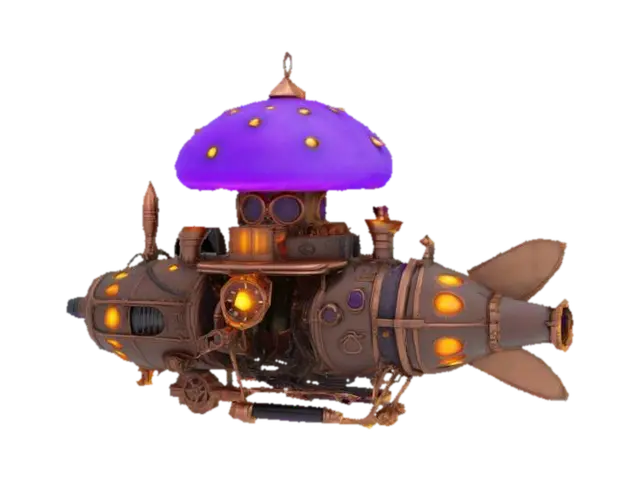 3D model for Create a steampunk-inspired airship with a fantasy twist, featuring a large glowing purple mushroom cap as the main structure on top. The airship should have intricate mechanical details, including gears, pipes, and metallic panels with a bronze and copper color palette. Add glowing amber lights embedded in the design, and include small gemstone accents for a magical touch. The overall style should blend steampunk aesthetics with organic, whimsical elements. HDR.