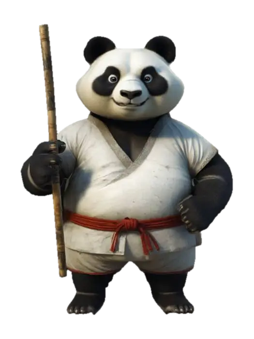Imagine an anthropomorphic fat panda. It is a kung-fu fighter wielding a stick.… 3D model, vytvořený pomocí AI