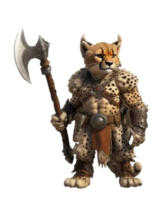 3D model for Imagine an anthropomorphic strong Cheetah. It is a Barbarian Ranger. Cartoon character. Barbarian outfit and weapon. Clean texture, Sharp and clean geometry, Well defined texture, HDR, Fantasy.