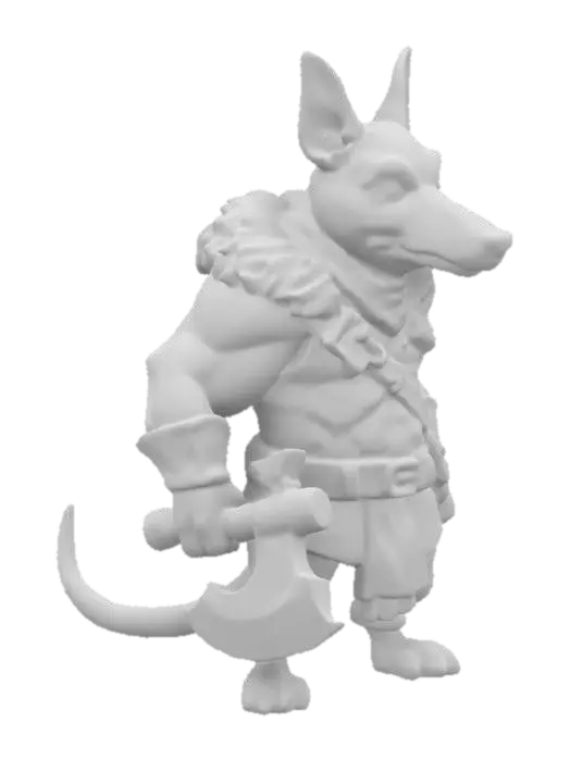3D model for Imagine an anthropomorphic strong Dashound. It is a Barbarian Ranger. Cartoon character. Barbarian outfit and weapon. Clean texture, Sharp and clean geometry, Well defined texture, HDR, Fantasy.