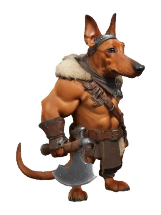 3D model for Imagine an anthropomorphic strong Dashound. It is a Barbarian Ranger. Cartoon character. Barbarian outfit and weapon. Clean texture, Sharp and clean geometry, Well defined texture, HDR, Fantasy.