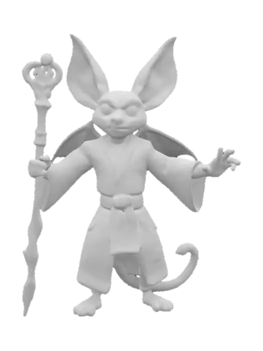 3D model for An anthropomorphic cartoonish bat is a master of martial arts. Wielding his intricately carved staff it exudes strength and power. It wears a dark textile martial arts robe with red intricate ornaments. Realistic, Clean geometry, Sharp geometry, Clean texture, Well defined texture, Defined face, Ensure high quality texture, HDR.