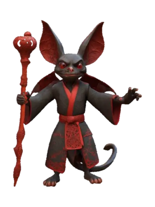 3D model for An anthropomorphic cartoonish bat is a master of martial arts. Wielding his intricately carved staff it exudes strength and power. It wears a dark textile martial arts robe with red intricate ornaments. Realistic, Clean geometry, Sharp geometry, Clean texture, Well defined texture, Defined face, Ensure high quality texture, HDR.