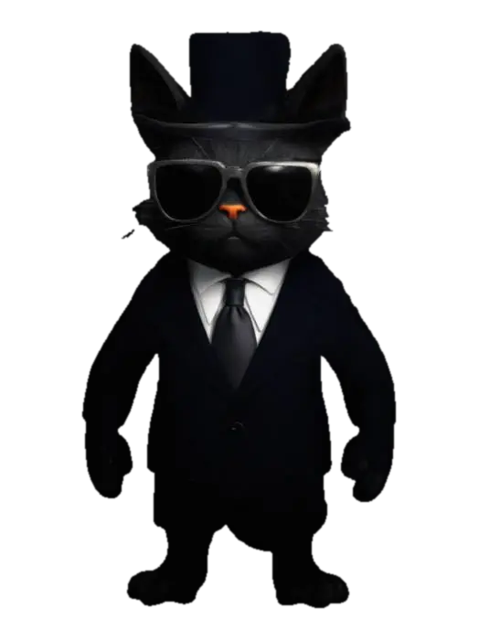 anthropomorphic black cat wearing a suit and sunglasses, it has a black topper… 3D model, vytvořený pomocí AI