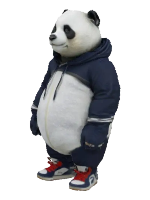 A huge panda character wearing a navy hoodie. It also wears a Jordan Sneaker.… 3D model, vytvořený pomocí AI
