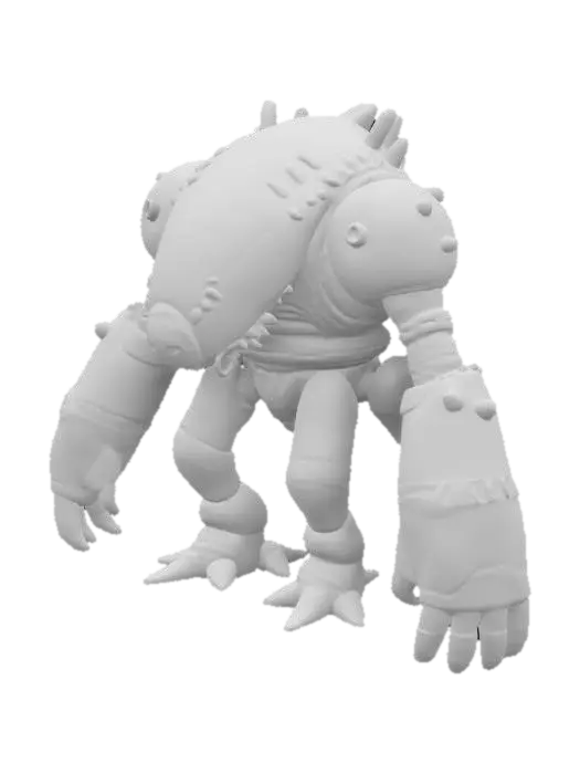 3D model for a colossal desert monster boss with a thick, sand-colored exoskeleton, multiple legs for stability, and cybernetic enhancements such as energy cannons and a force field generator.