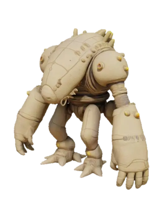 3D model for a colossal desert monster boss with a thick, sand-colored exoskeleton, multiple legs for stability, and cybernetic enhancements such as energy cannons and a force field generator.