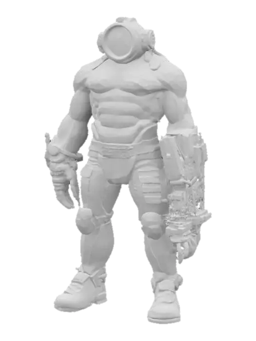 3D model for a towering, giant Cyclops with a muscular, weathered body and a single, large eye in the center of its forehead. The Cyclops should have a menacing presence, with scars and rough skin showing signs of age and battle. Integrated into its organic form are advanced mechanical parts: a robotic arm with visible gears, pistons, and reinforced plating; a sturdy mechanical leg that enhances its strength and stability; and a cybernetic eye that glows with a red light, replacing its natural eye.