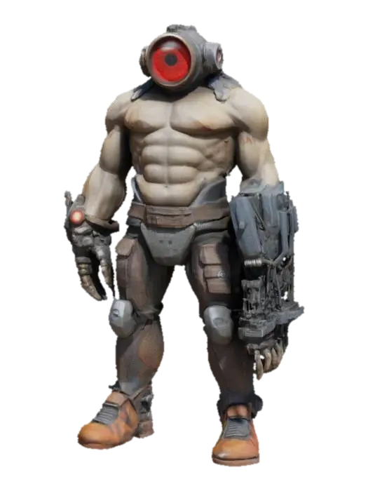 3D model for a towering, giant Cyclops with a muscular, weathered body and a single, large eye in the center of its forehead. The Cyclops should have a menacing presence, with scars and rough skin showing signs of age and battle. Integrated into its organic form are advanced mechanical parts: a robotic arm with visible gears, pistons, and reinforced plating; a sturdy mechanical leg that enhances its strength and stability; and a cybernetic eye that glows with a red light, replacing its natural eye.