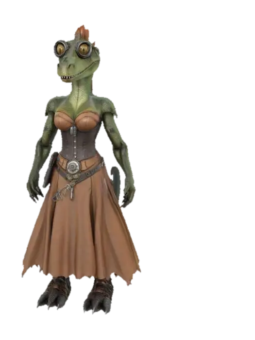 3D model for anthropomorphic, dinossaur woman, Steampunk, Game Assets, Highly Detailed, Full Body, Symmetrical Body, Standing in A-pose