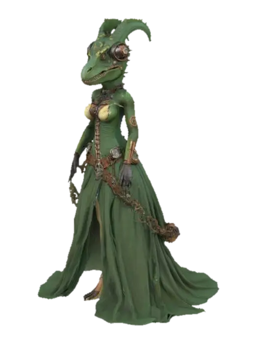 3D model for anthropomorphic, dinossaur woman, Steampunk, Game Assets, Highly Detailed, Full Body, Symmetrical Body, Standing in A-pose
