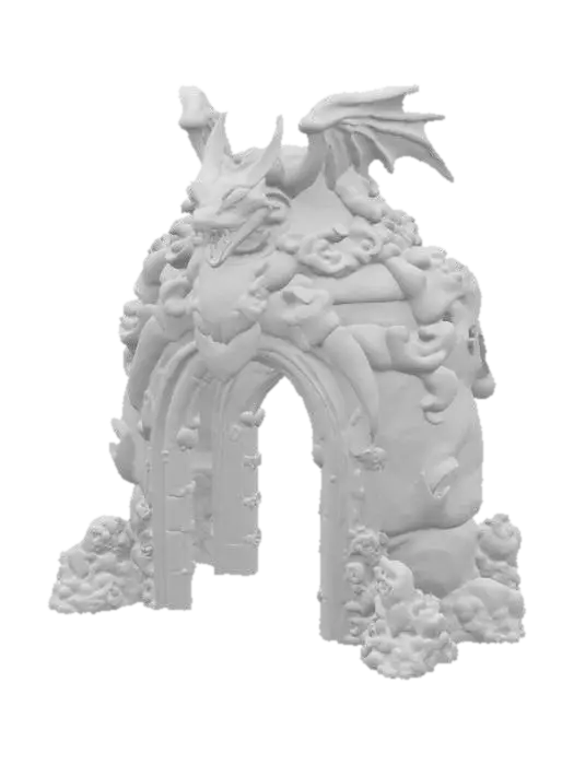 3D model for Imagine a #arch# with one dragon sculpted in it. The arch is made out of thunder material. Surreal. High definition. Professional. Hard surface.