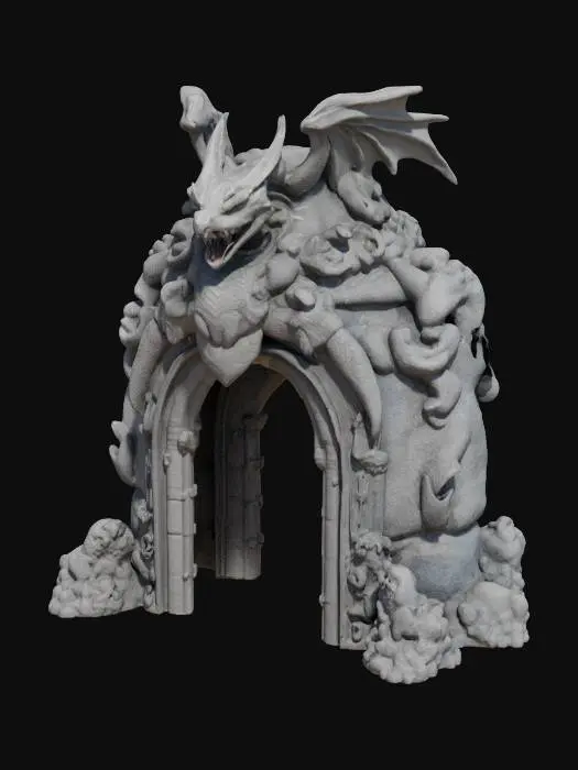3D model for Imagine a #arch# with one dragon sculpted in it. The arch is made out of thunder material. Surreal. High definition. Professional. Hard surface.